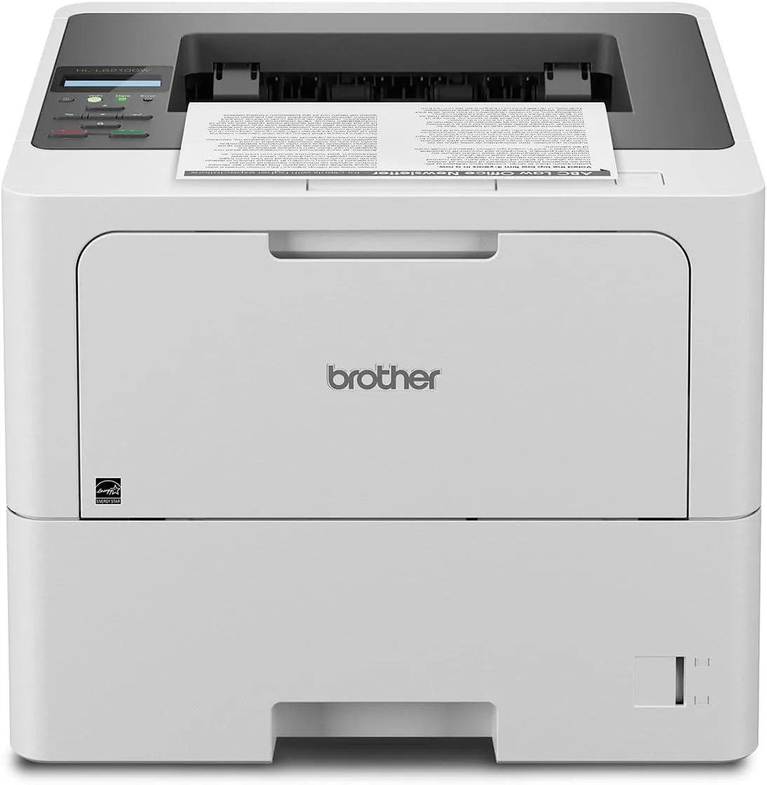 White rectangular office laser printer with paper trays