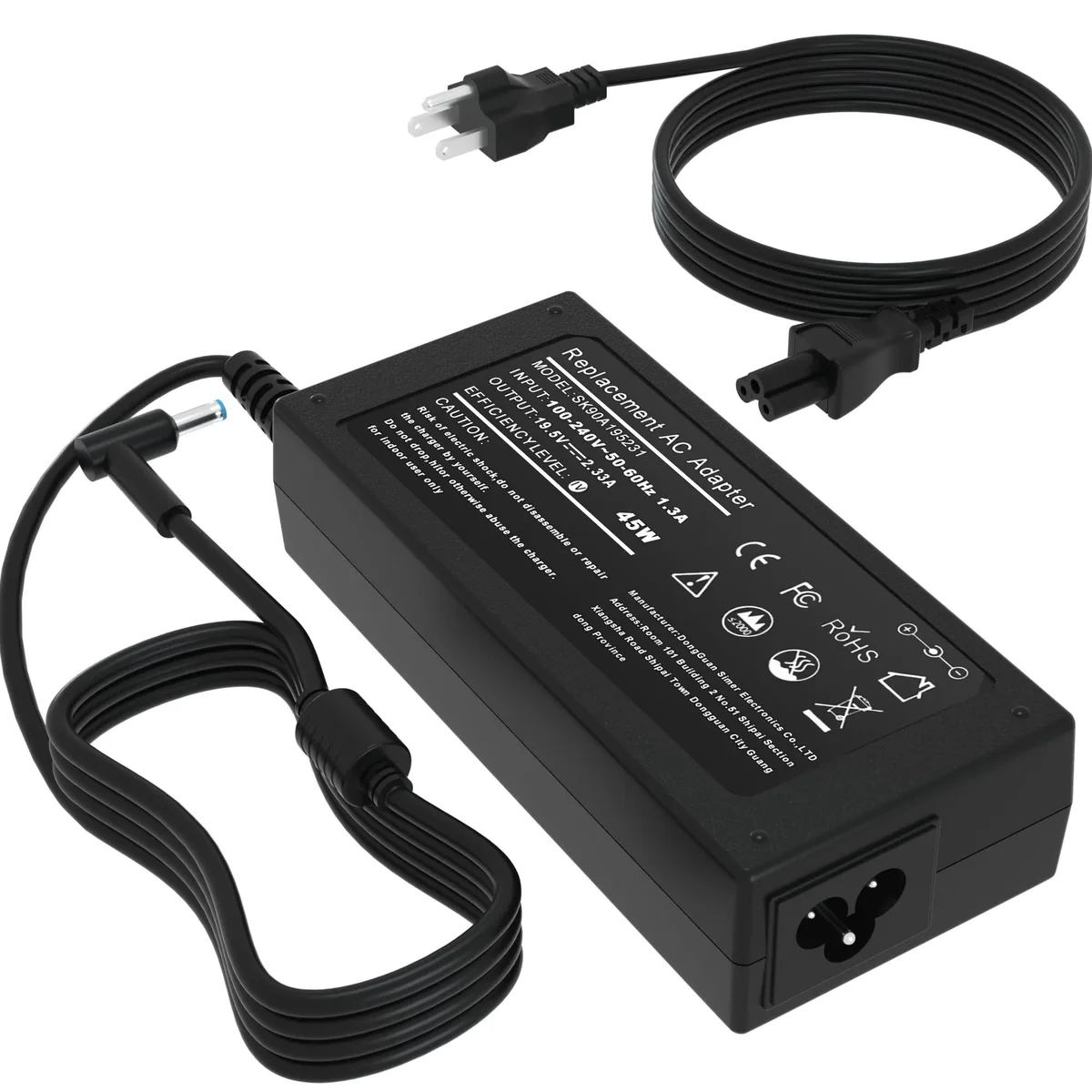 Compact black rectangular power brick with blue-tip barrel connector and detachable mains lead