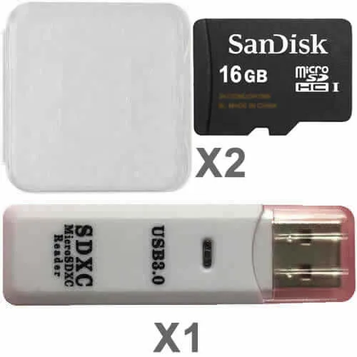 Two microSDHC cards and a USB reader in plastic cases