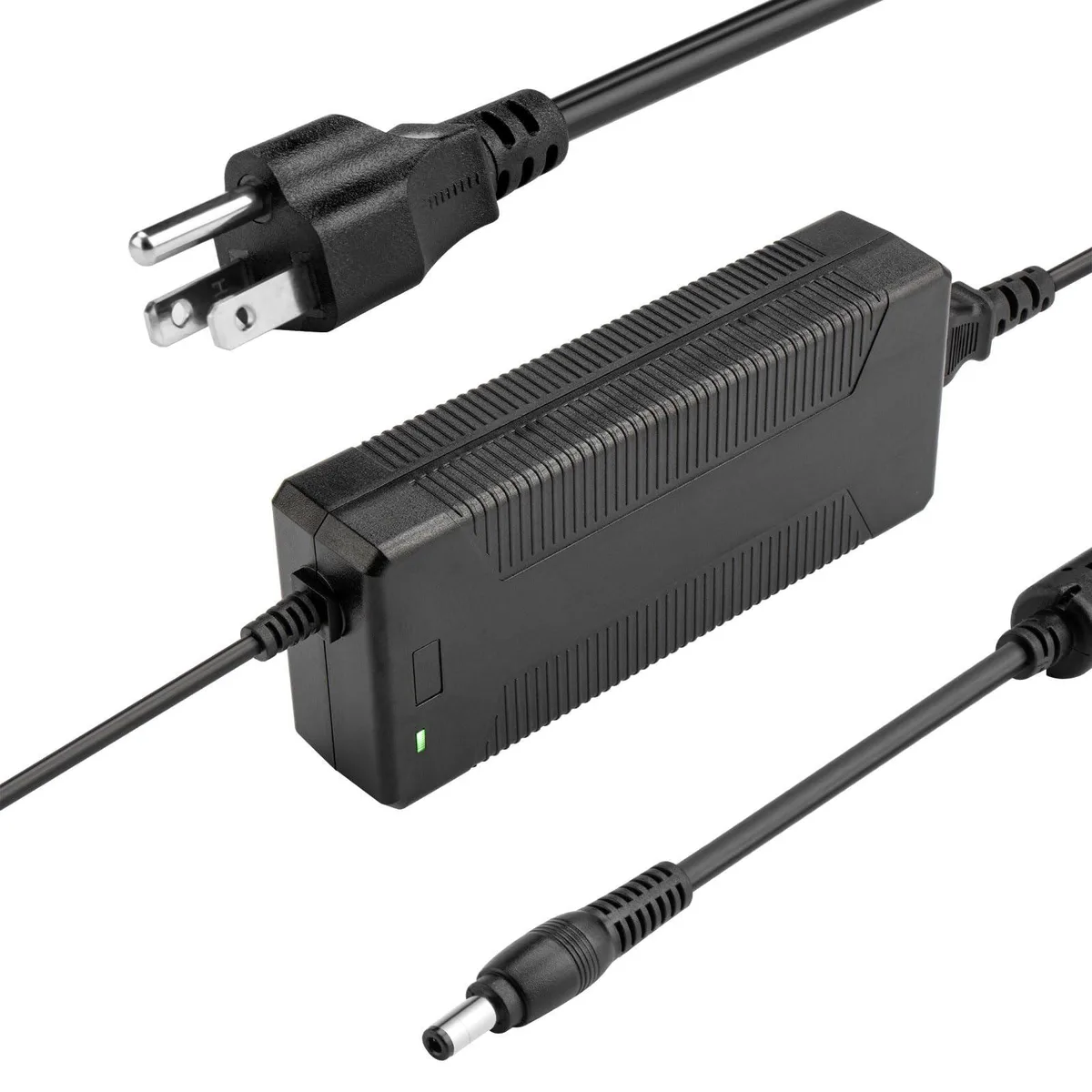 Black rectangular power brick with 5.5mm barrel connector and detachable mains cord