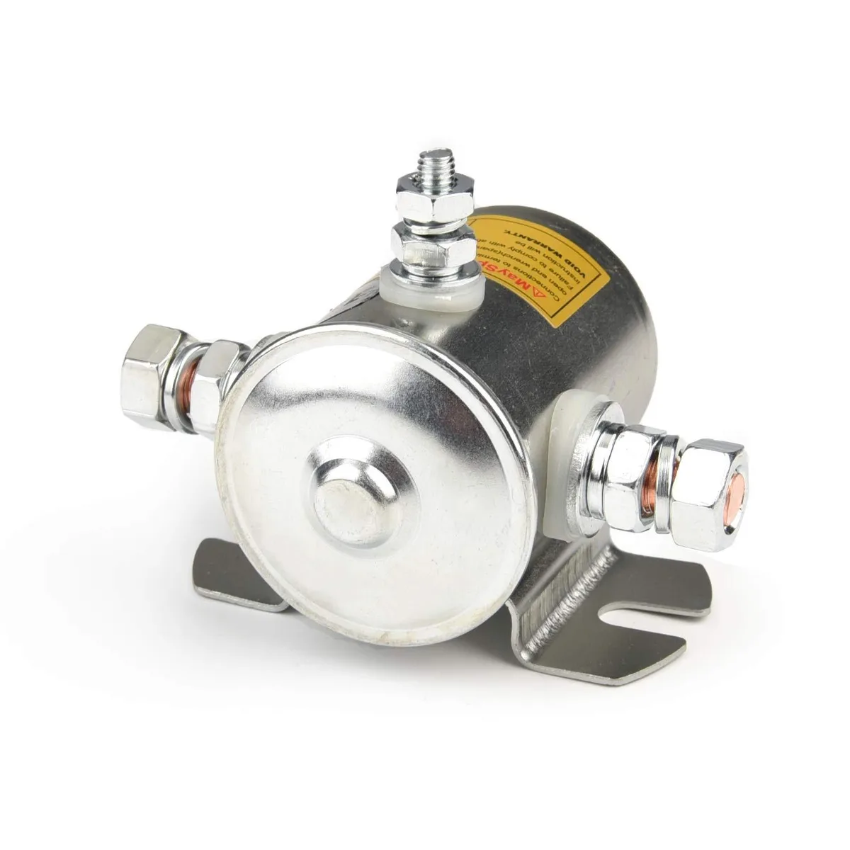 Cylindrical 12V solenoid relay with flat mounting bracket and three terminal studs