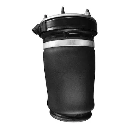 Black cylindrical air spring with folded rubber bellows and metal end caps