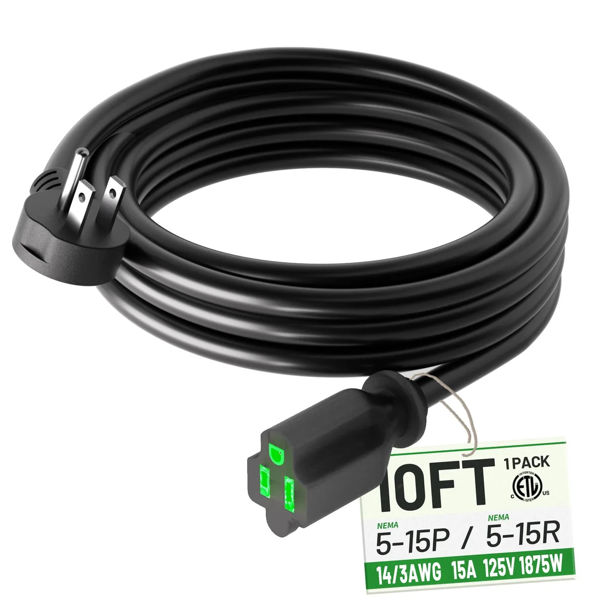  POWGRN 10ft Flat Plug Extension Cord Black 14/3 15A 1875W 125V 14AWG 3-Prong — product photo