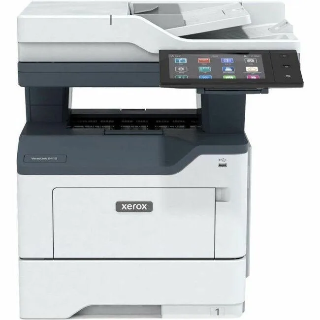White rectangular office laser printer with 7 inch colour touchscreen and paper trays