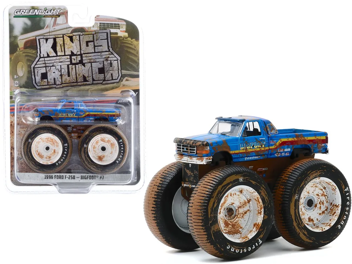 GREENLIGHT GREENLIGHT 1996 Ford F-250 Monster Truck Bigfoot #7 Blue Dirty Version Kings of Crunch 1/64 Diecast — product photo