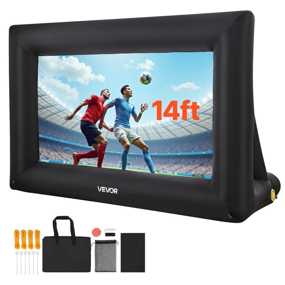 White rectangular projection screen on black inflatable frame with blower unit attached