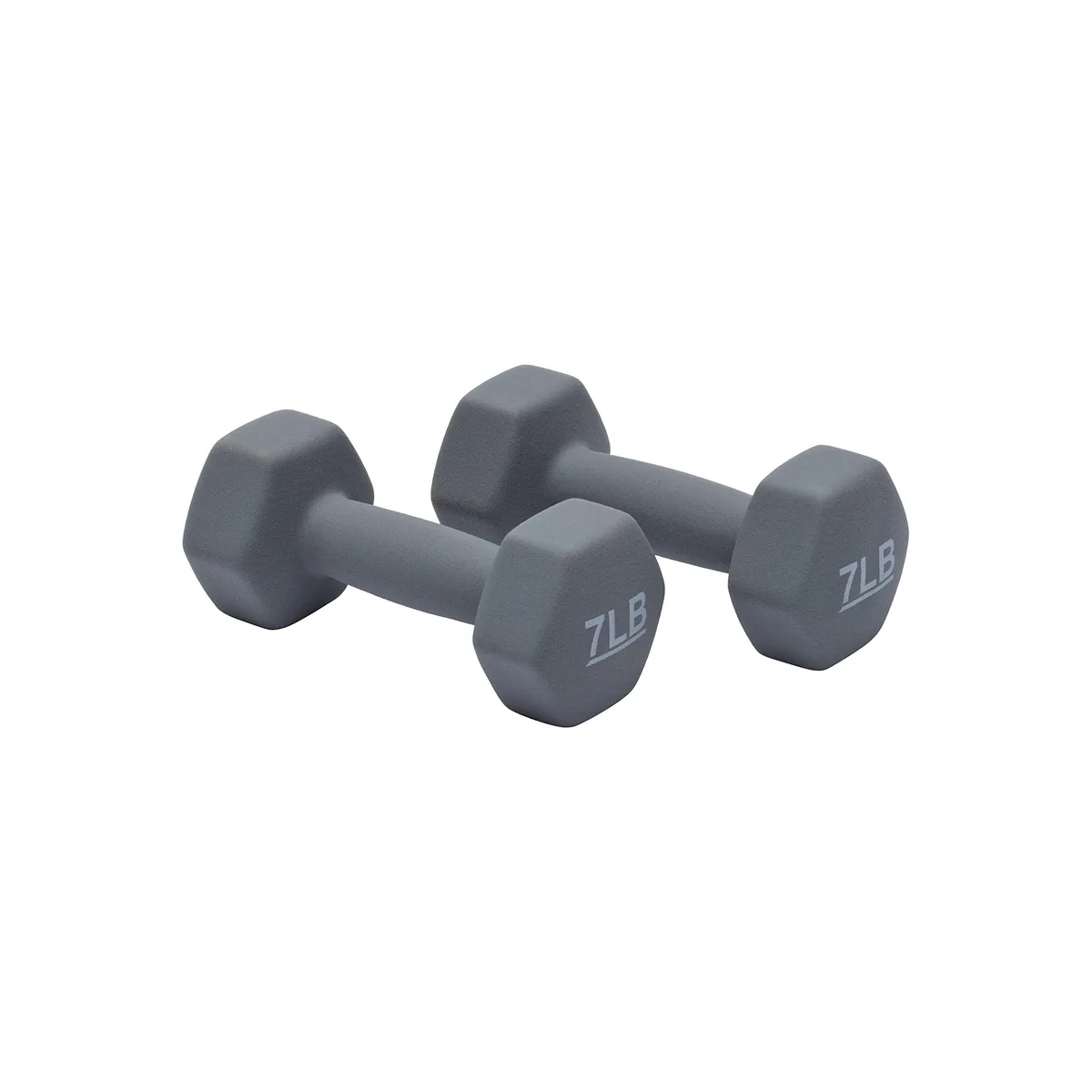 Pair of light-grey neoprene hex dumbbells with printed weight numbers