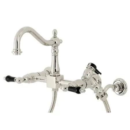 Wall-mounted bridge kitchen faucet with polished nickel finish and black porcelain handles