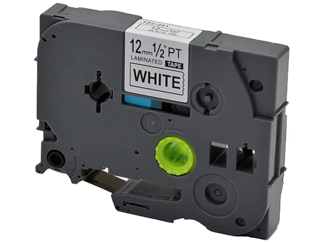 White rectangular cassette with black text tape visible through clear window