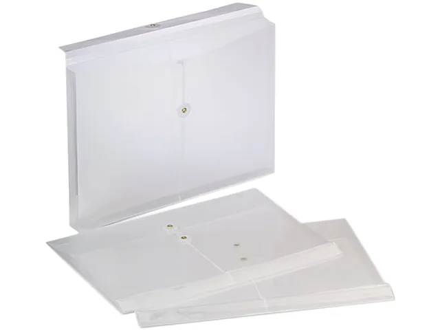 Three clear polypropylene expandable envelopes with string-and-button closure legal size