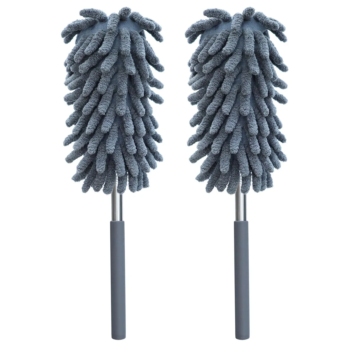 Two microfiber dusters with extendable poles up to 30 inches, washable heads, light grey finish