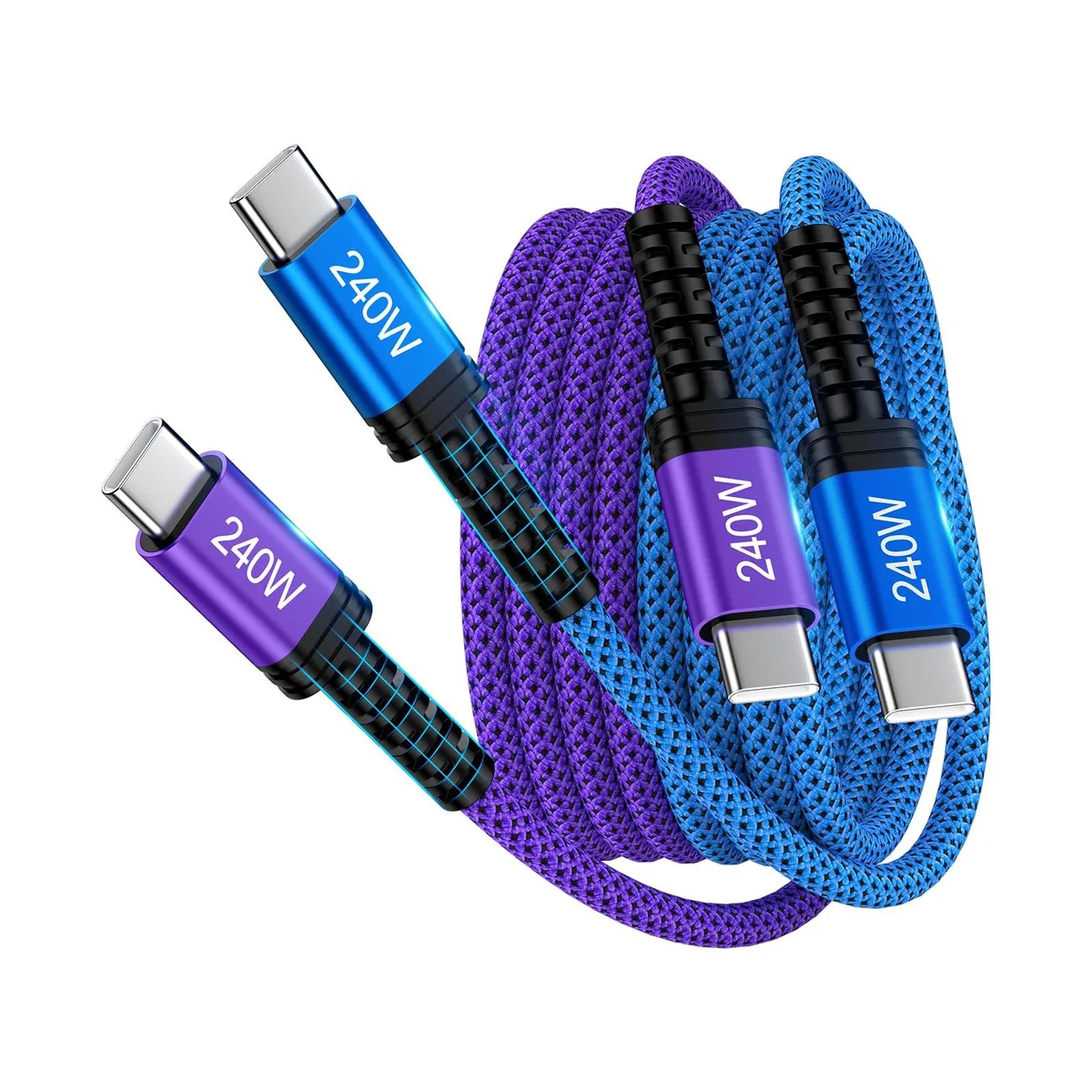 Braided USB-C to USB-C cable, male-to-male connectors, three feet long