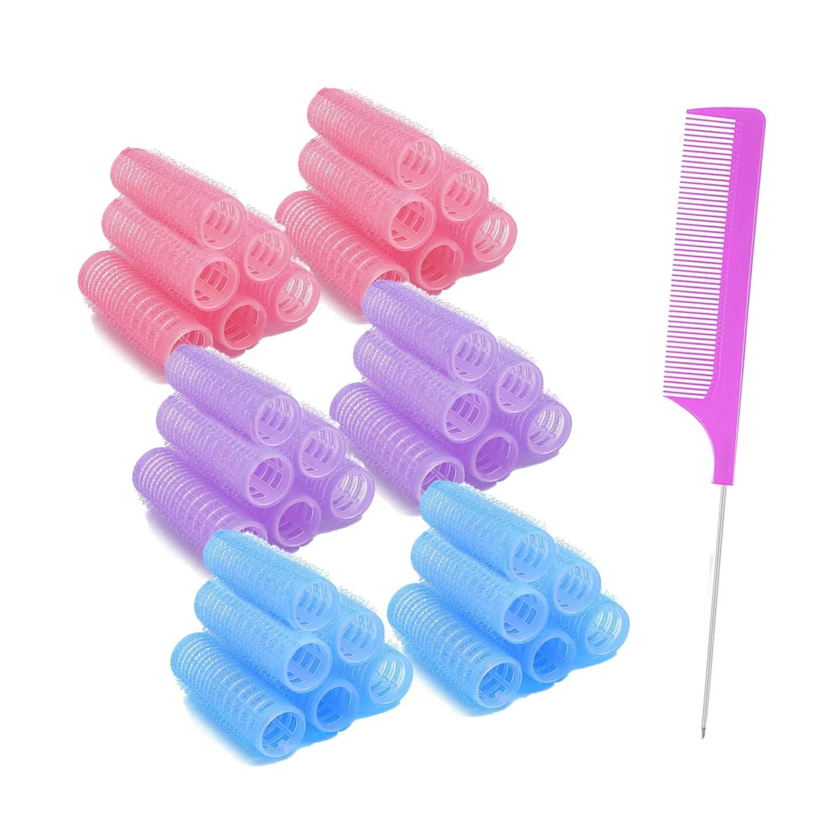 36 small self-grip rollers in pastel colours with a rat-tail comb