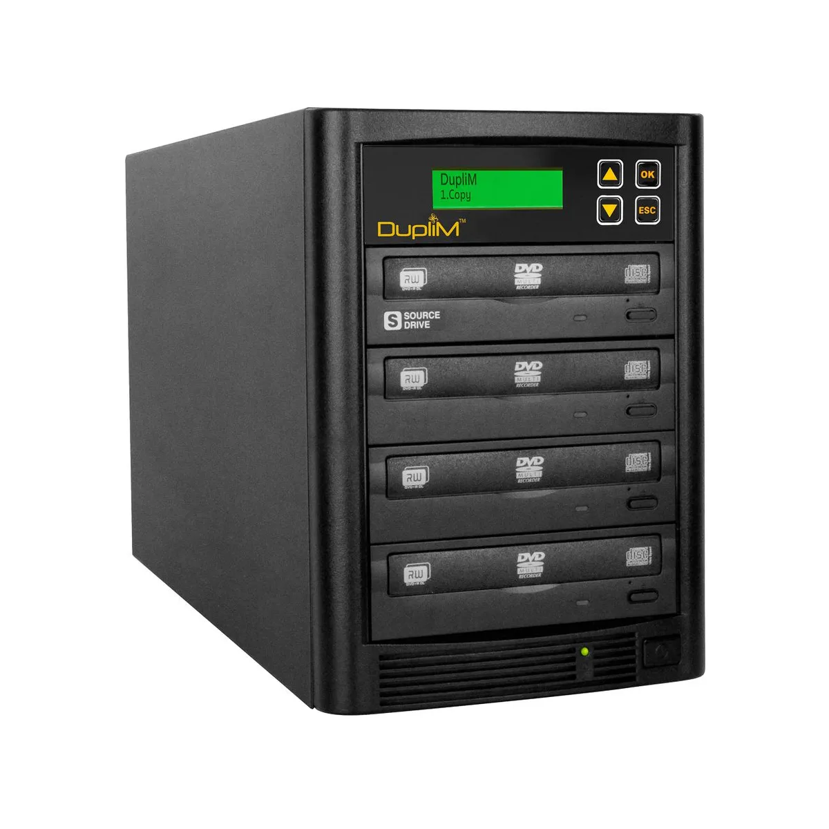 White tower duplicator with one source drive above three target drives