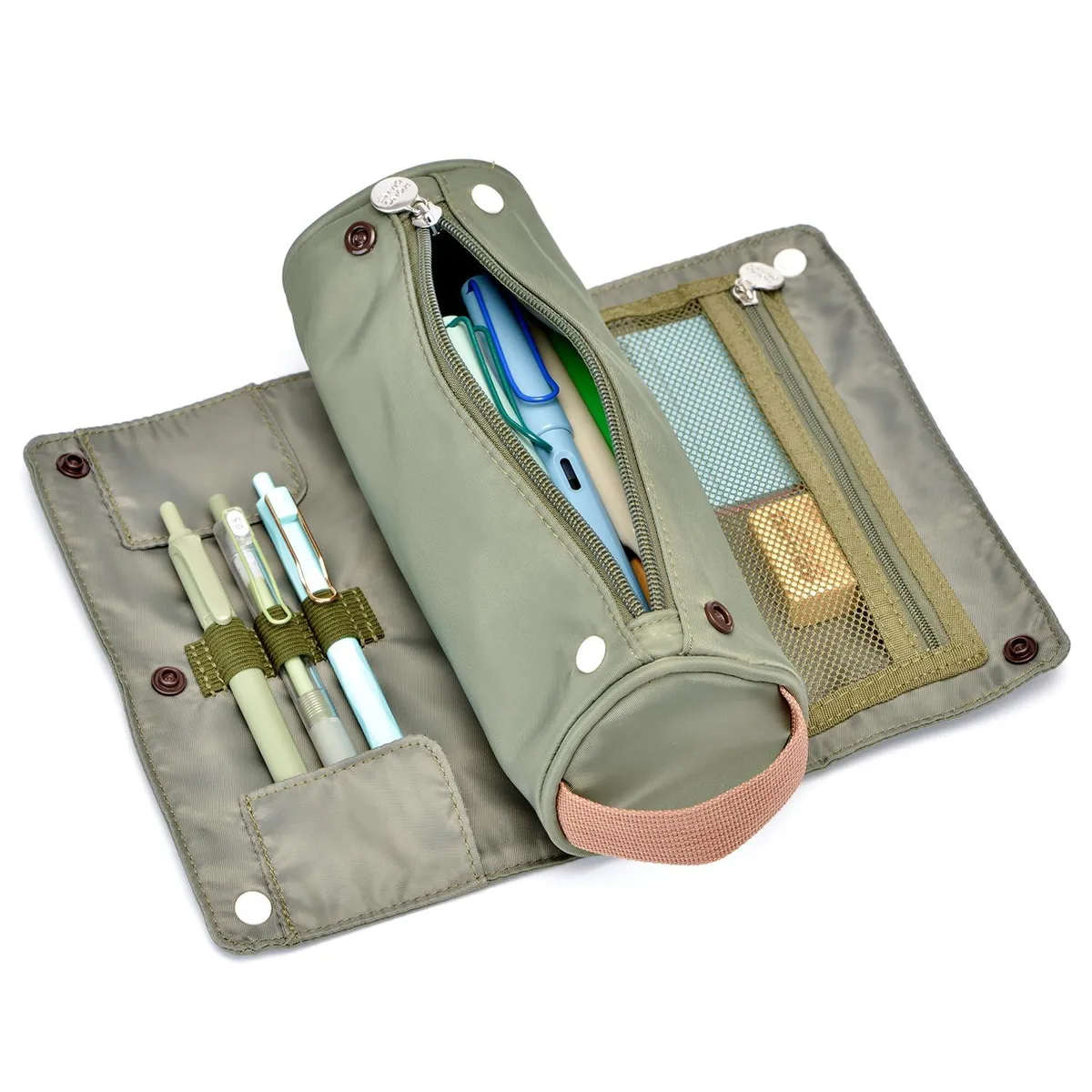 Beige roll-up pencil case with camping pattern, 110 g