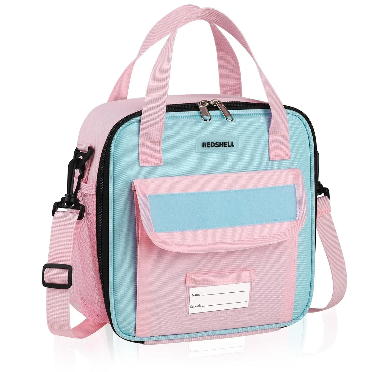 Pink insulated lunch bag with front patch panel, mesh side pocket, adjustable shoulder strap and top handle