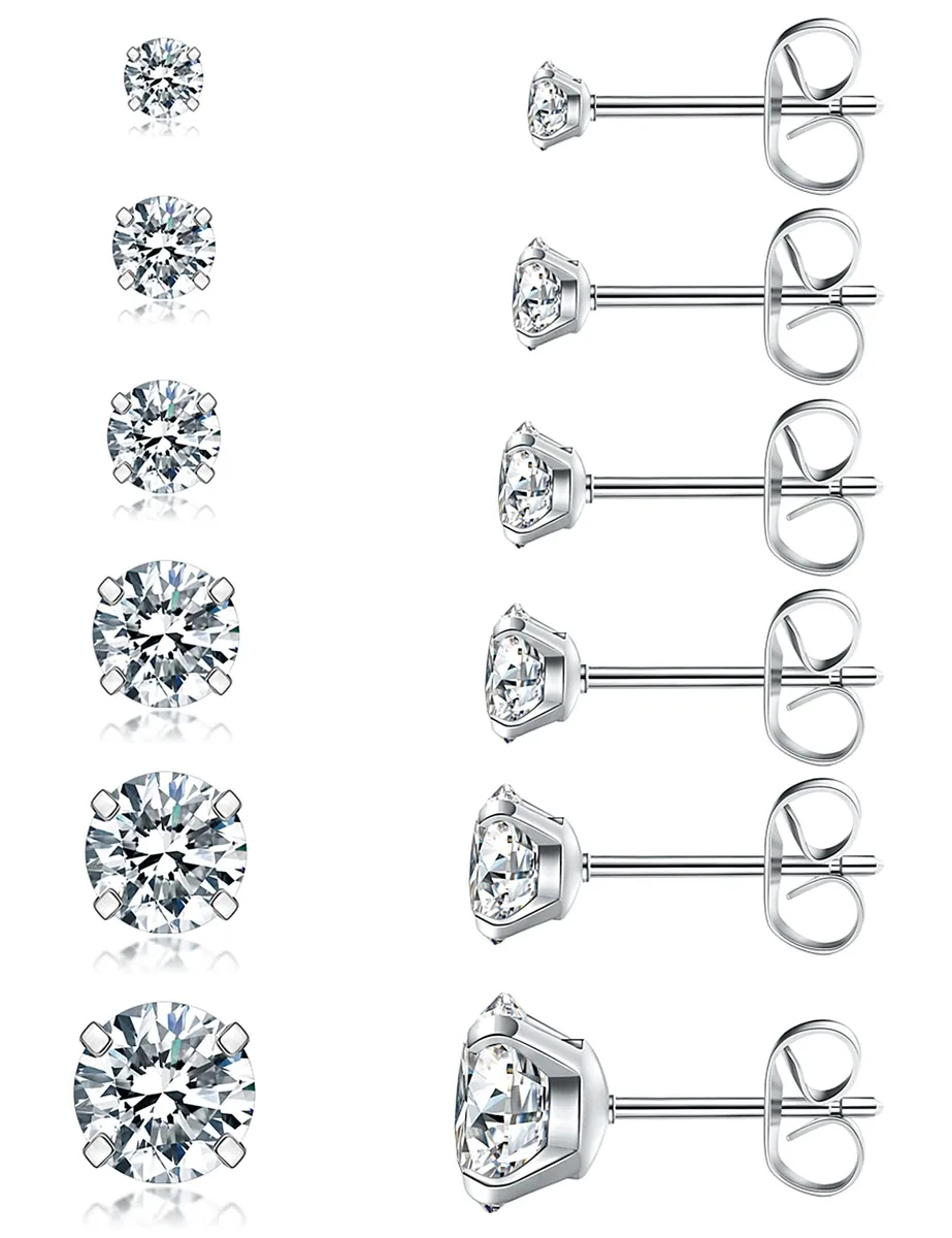 Six pairs of silver stud earrings in graduated sizes from 3mm to 8mm, stainless steel with cubic zirconia stones, polished finish