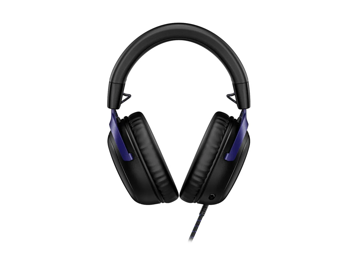 Black and blue over-ear gaming headset with padded headband and ear cups