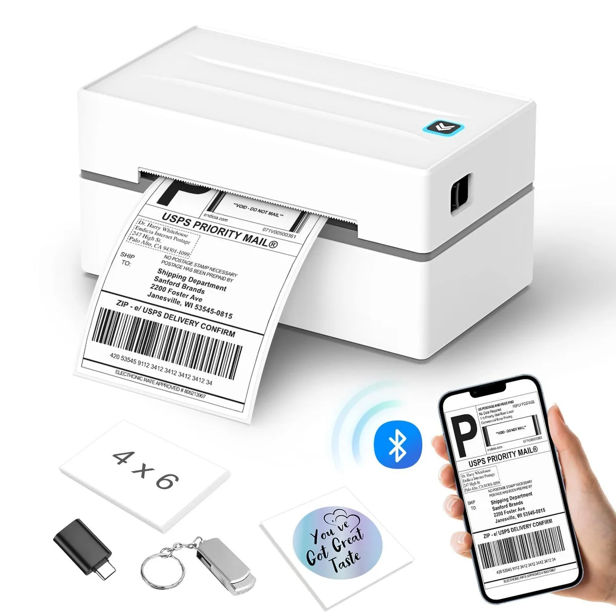 Compact white rectangular thermal label printer with top label roll compartment and front output slot