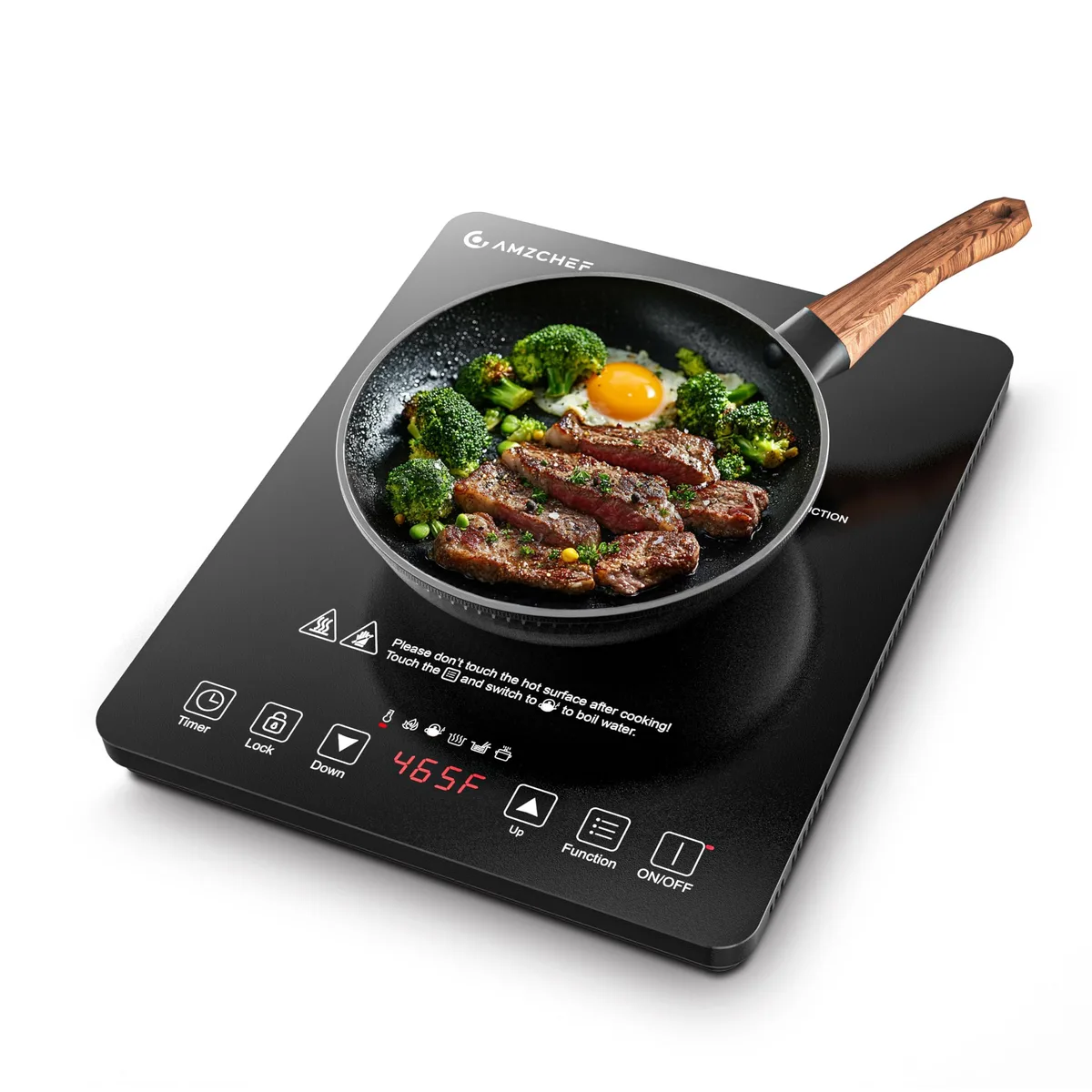 Black portable induction cooktop with touch controls and 6.8 inch heating coil