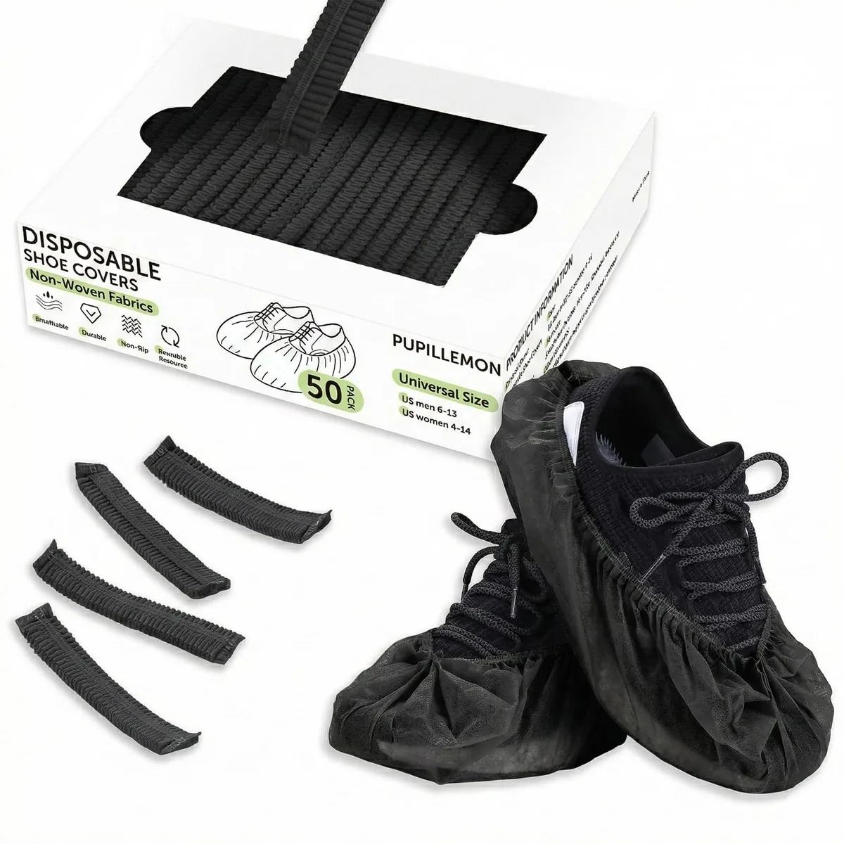 Box of 100 black disposable non-woven shoe covers with elastic cuffs