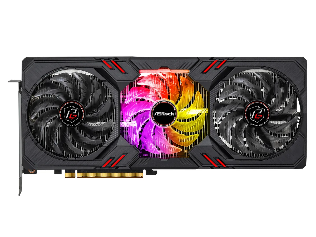 ASRock Phantom Gaming Arc A770 graphics card, triple-fan cooler, dark finish, three DisplayPort and one HDMI port visible