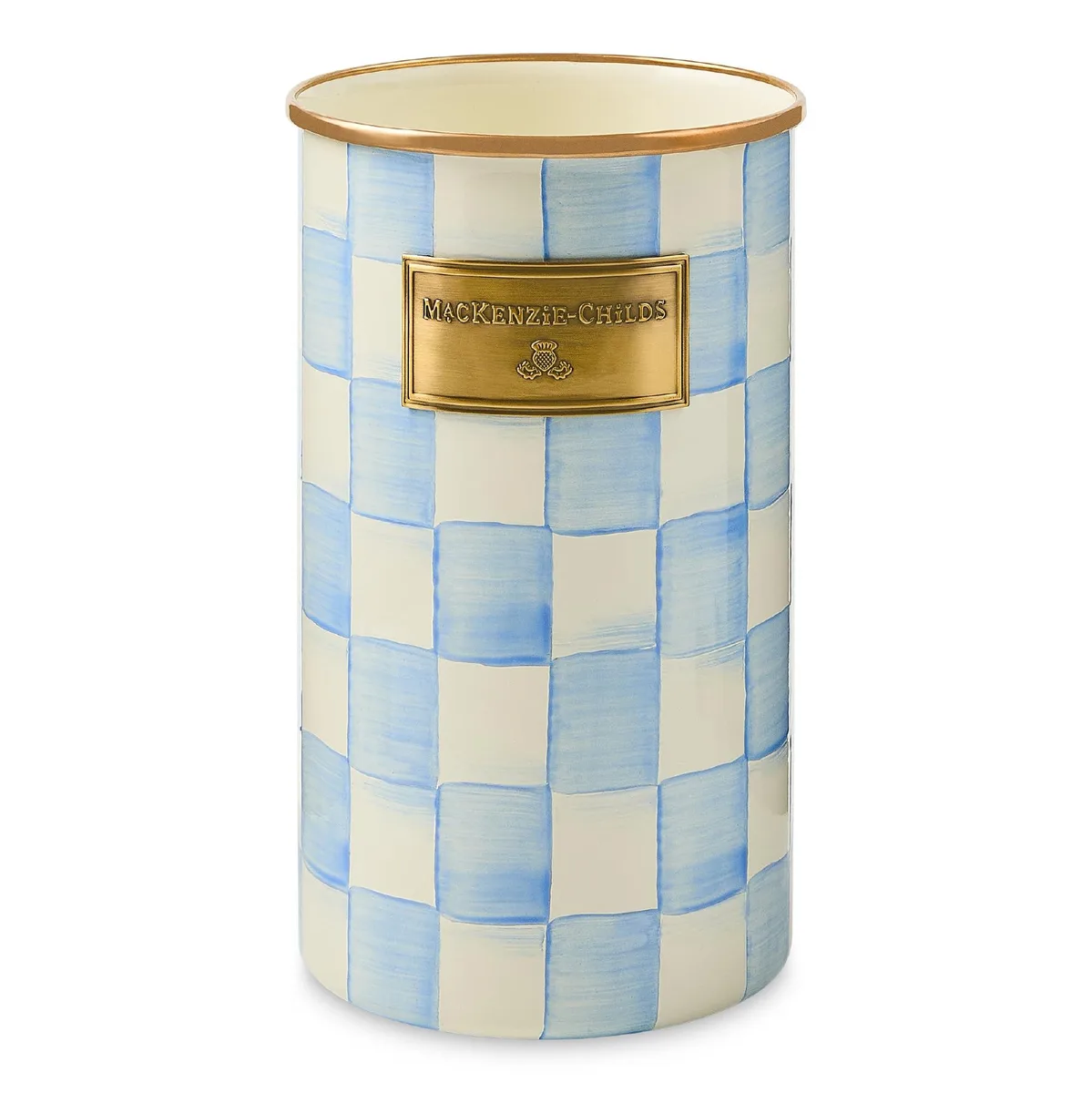 Enamel utensil holder with light-blue-and-white Sky Check pattern and bronzed stainless-steel rim