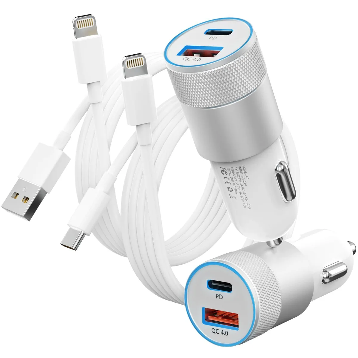  PAIMIAN C1 48W Dual USB Car Charger with 2 Lightning Cables White — product photo