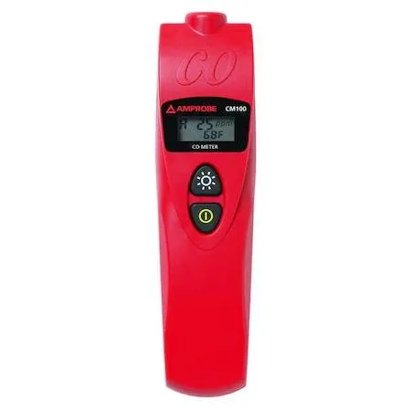 Handheld carbon monoxide meter with LCD backlit display, yellow and grey casing