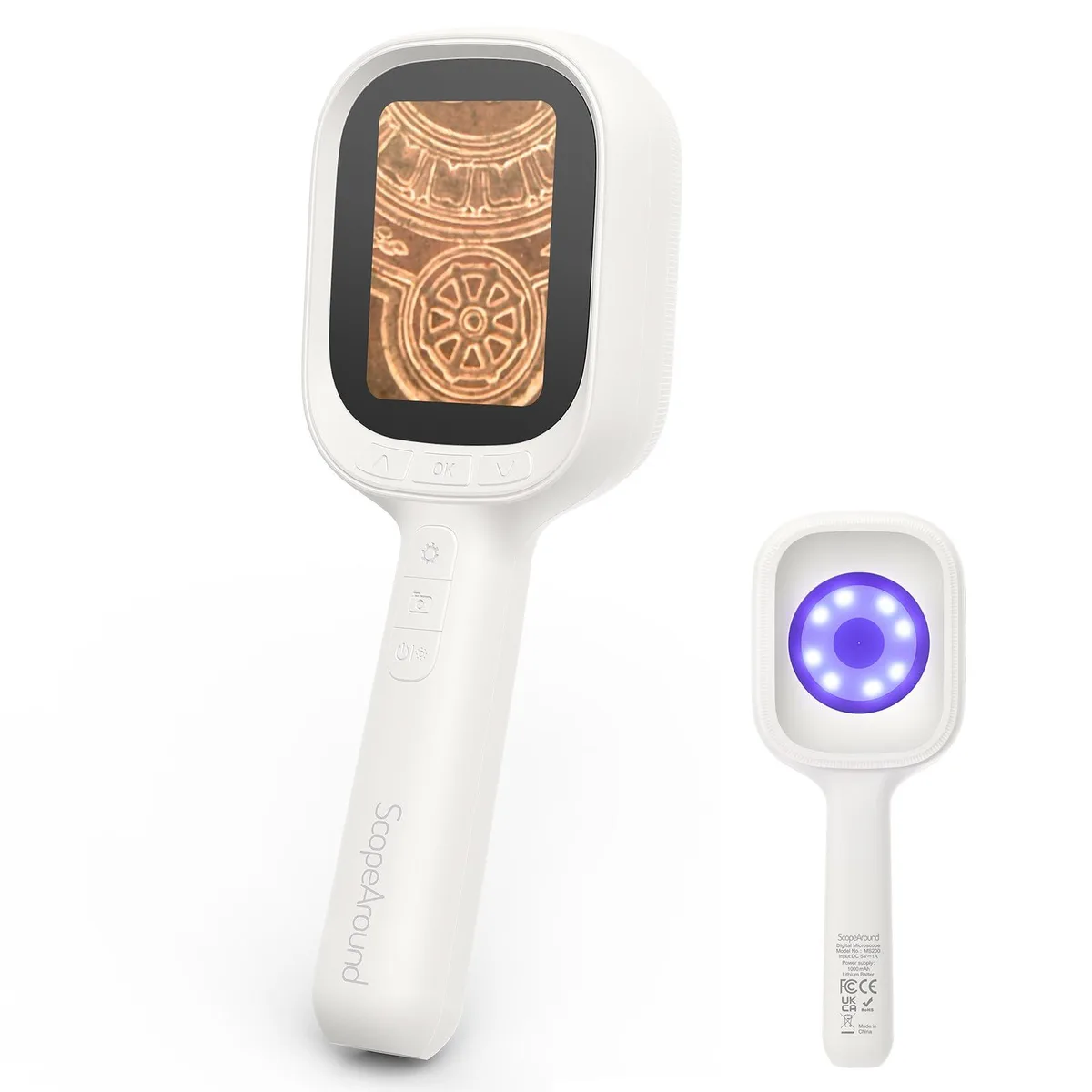 White handheld digital microscope with 2.8 inch IPS screen and dual LED illumination