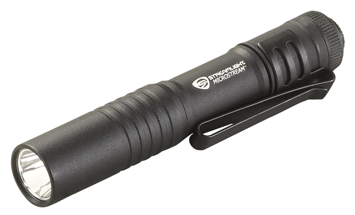 Black aluminum pocket flashlight with removable clip, 3.6 inches long