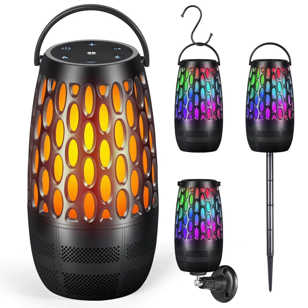 Compact square outdoor speaker with flame RGB lighting, stake and wall mount included