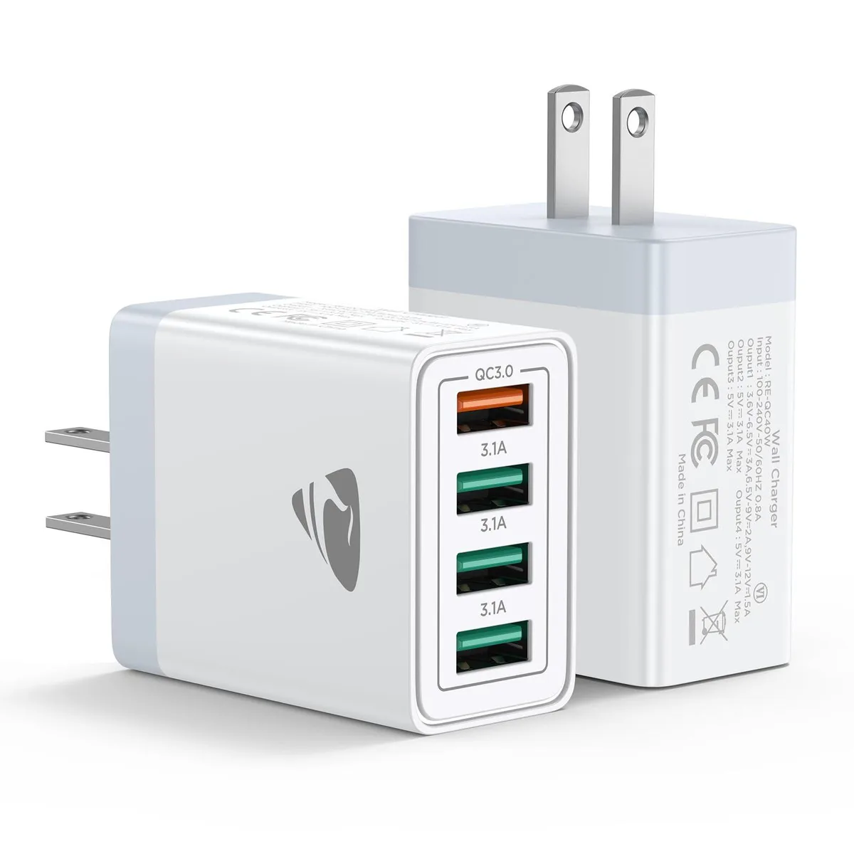  Aioneus RE-QC40W 4-Port USB Charger QC3.0 2-Pack White — product photo