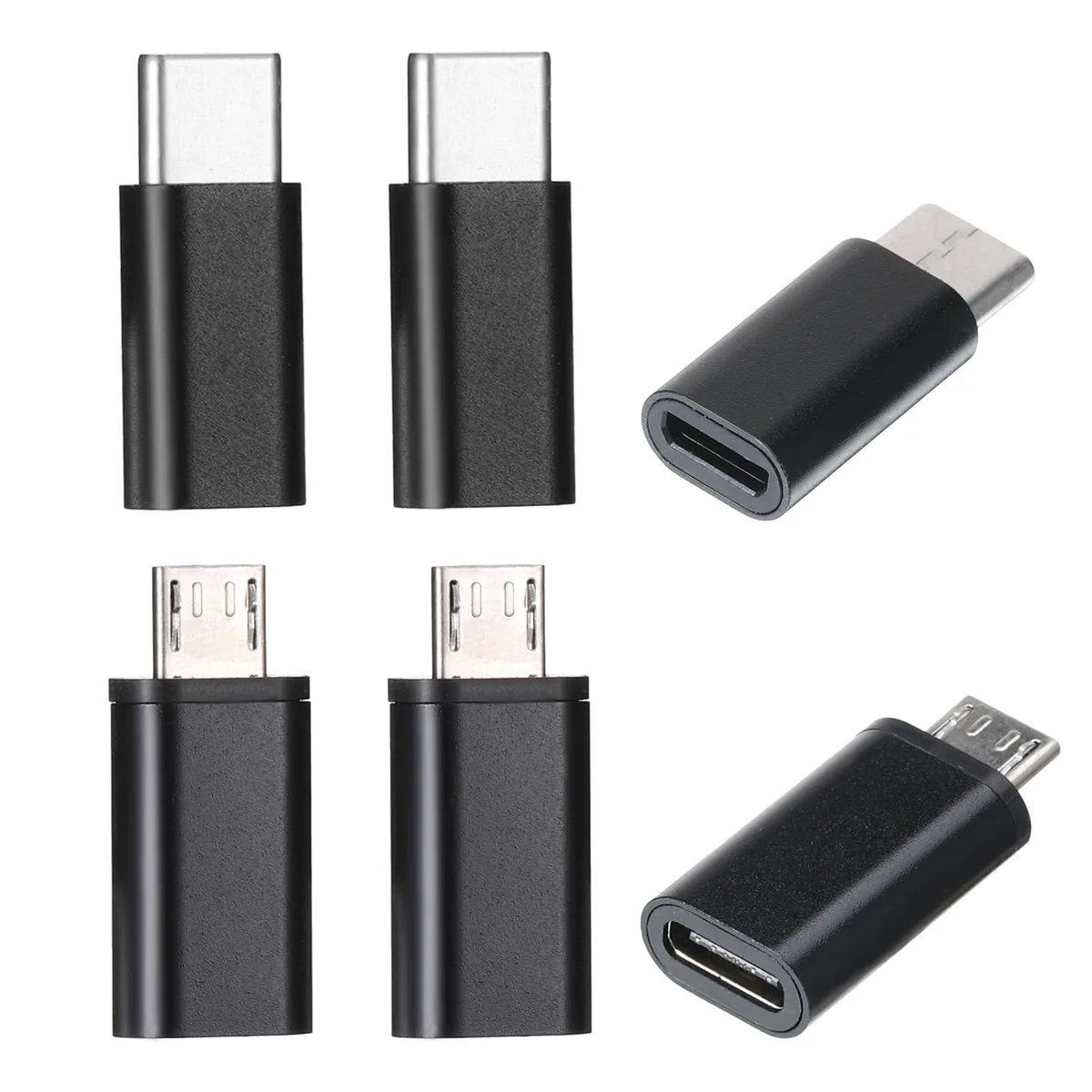 Six black USB converters, three Micro USB male to USB-C female and three USB-C male to Micro USB female