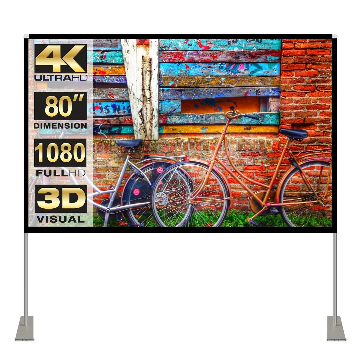 White rectangular projection screen on a silver folding tripod stand with a black carry bag