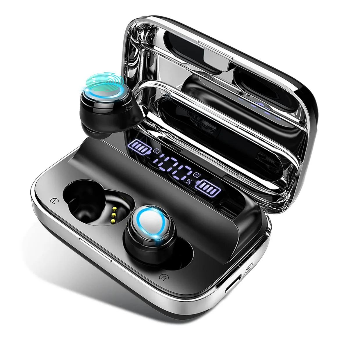 Black in-ear wireless earbuds in silver-accented USB-C charging case