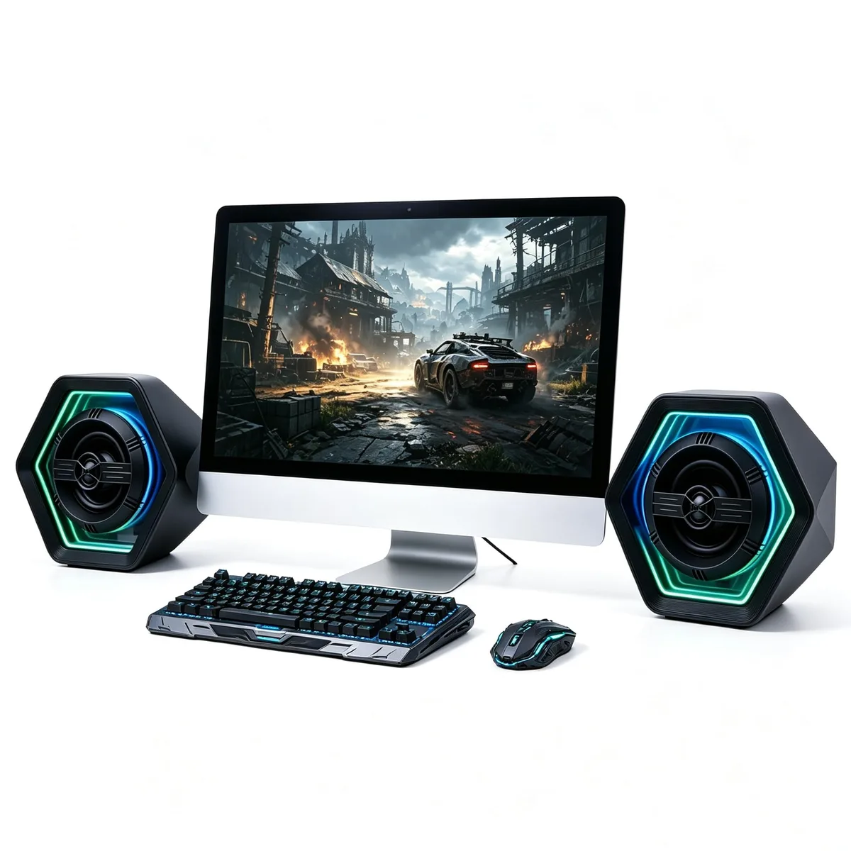 Pair of matte-finish gaming speakers with RGB lighting, dual-driver design, Bluetooth 5.3