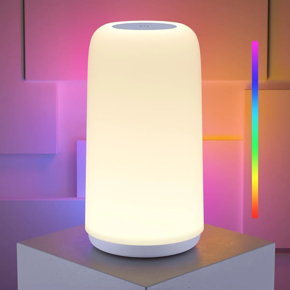White rectangular table lamp with curved edges smooth plastic shade touch control top 3.7 by 8.3 inches