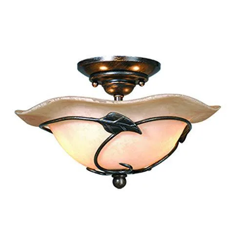Black rustic semi-flush ceiling light with two LED lamps, suitable for fan kit