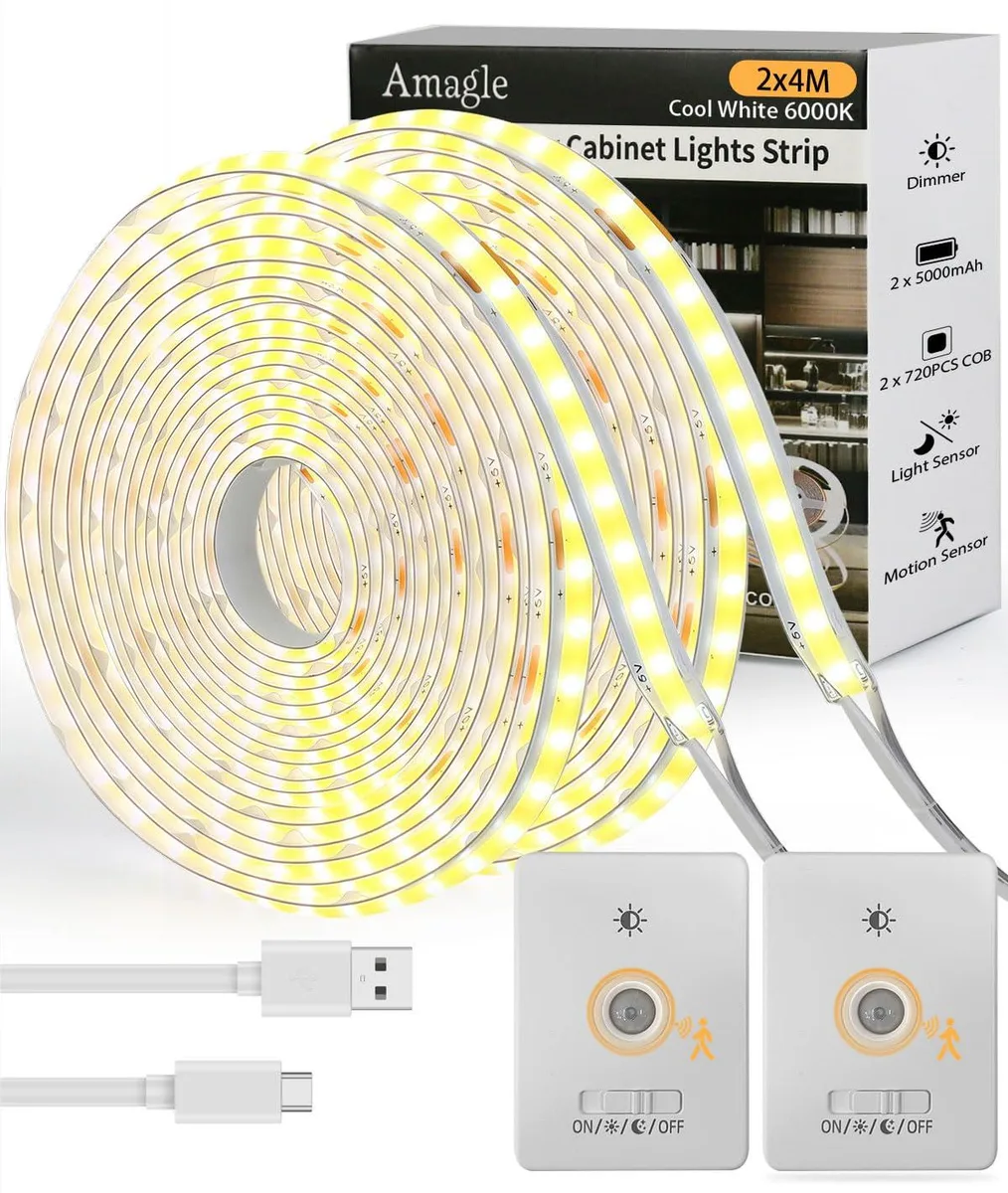 Two white 13 ft COB LED strips with dual-sensor switches, rechargeable battery powered