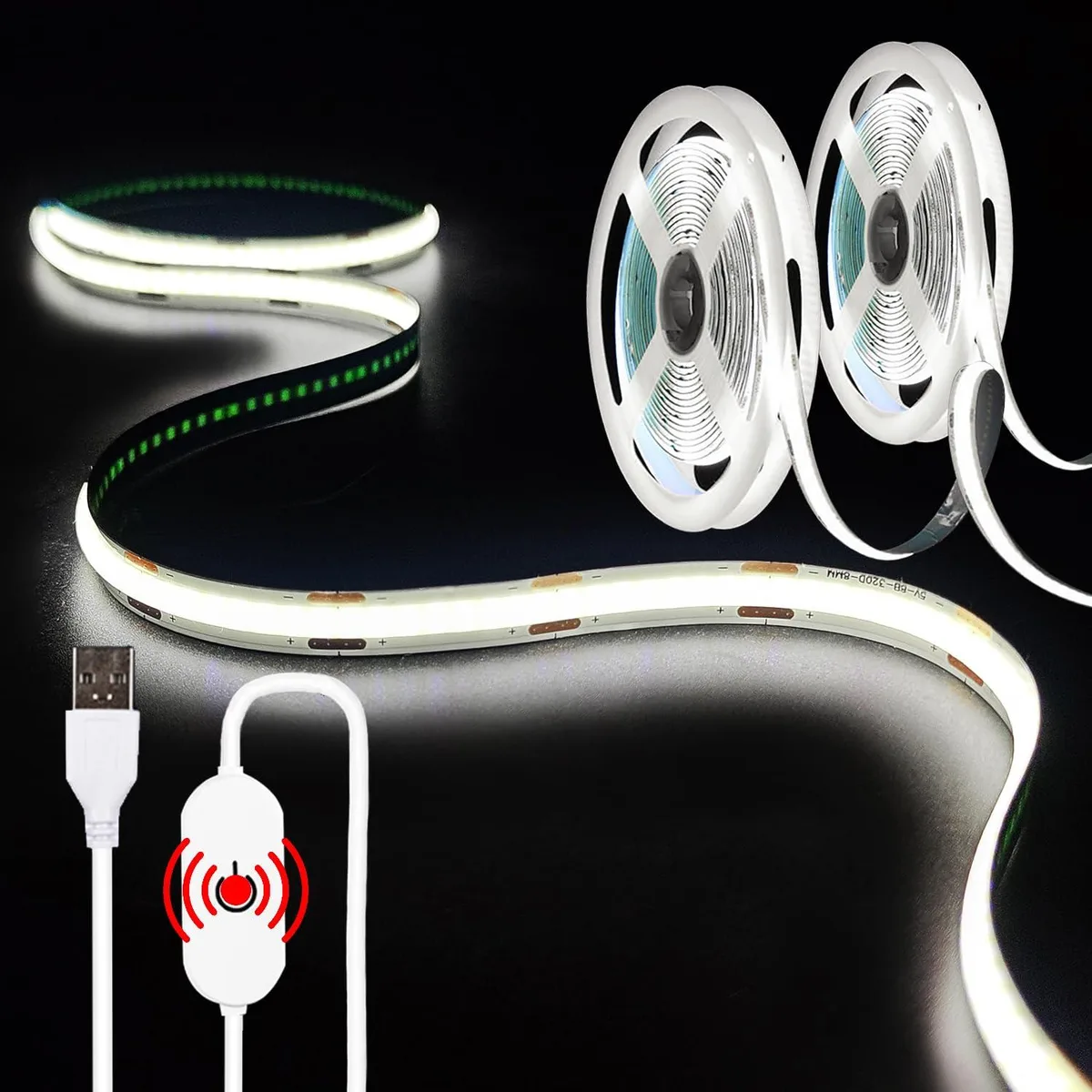 Two white flexible LED strips with USB plugs and a touch controller