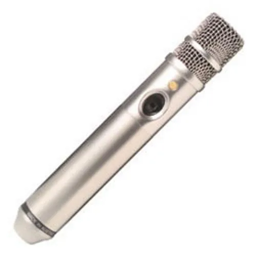 Silver cylindrical condenser microphone with mesh grille and included clip and windscreen