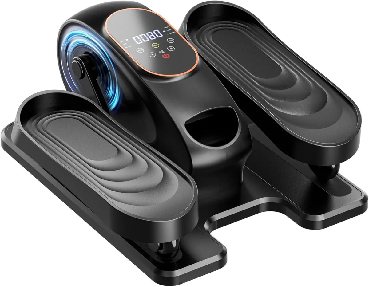 Compact under-desk elliptical with LCD screen and remote control