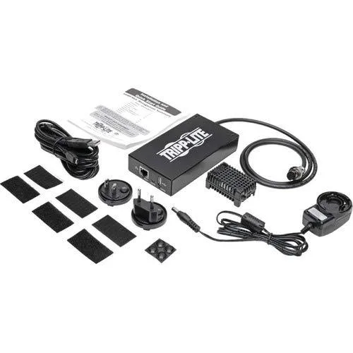 Black rectangular network adapter with environmental sensor module, micro-USB cable, power supply and mounting accessories