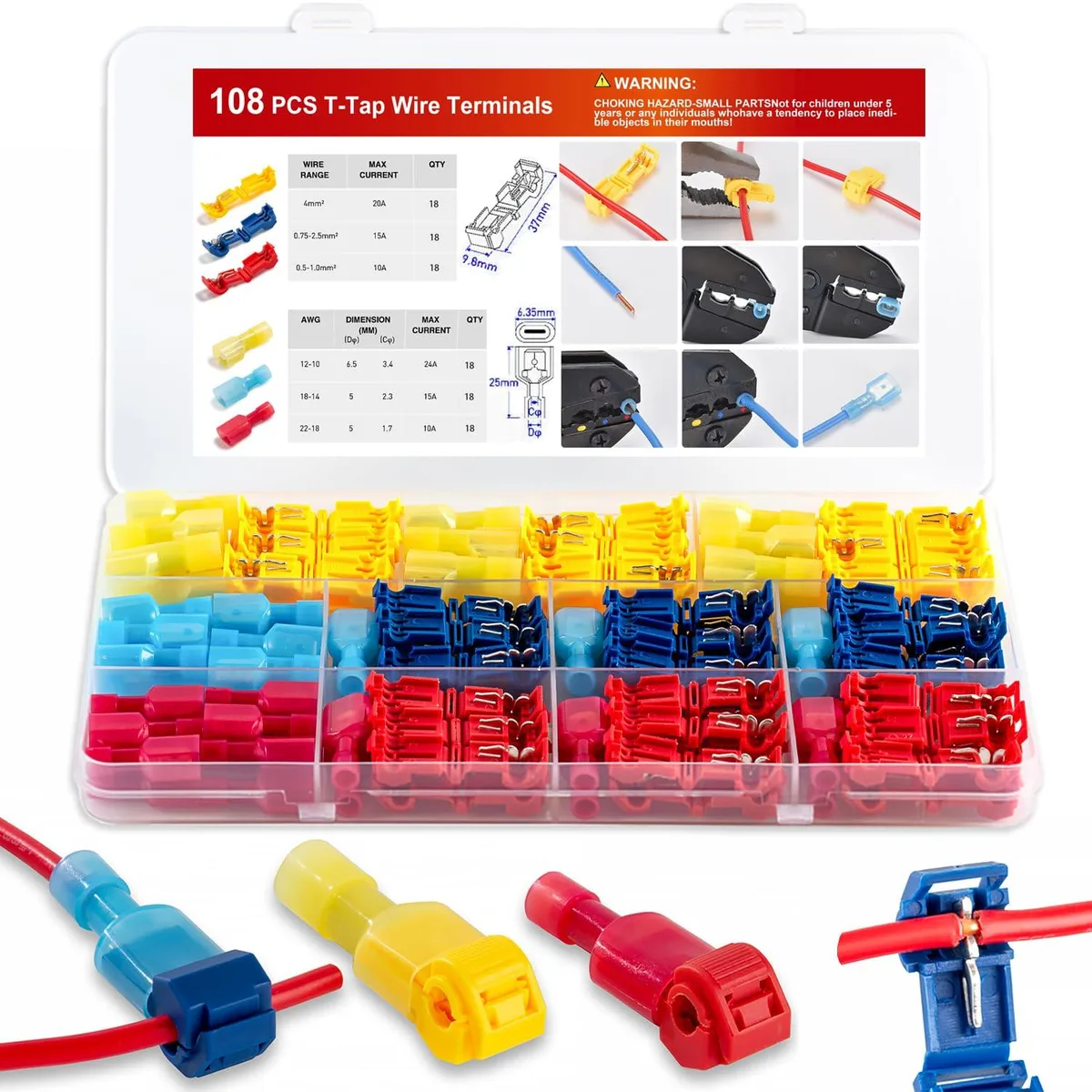Clear plastic compartment box holding 108 black nylon T-tap connectors and male quick-disconnect terminals
