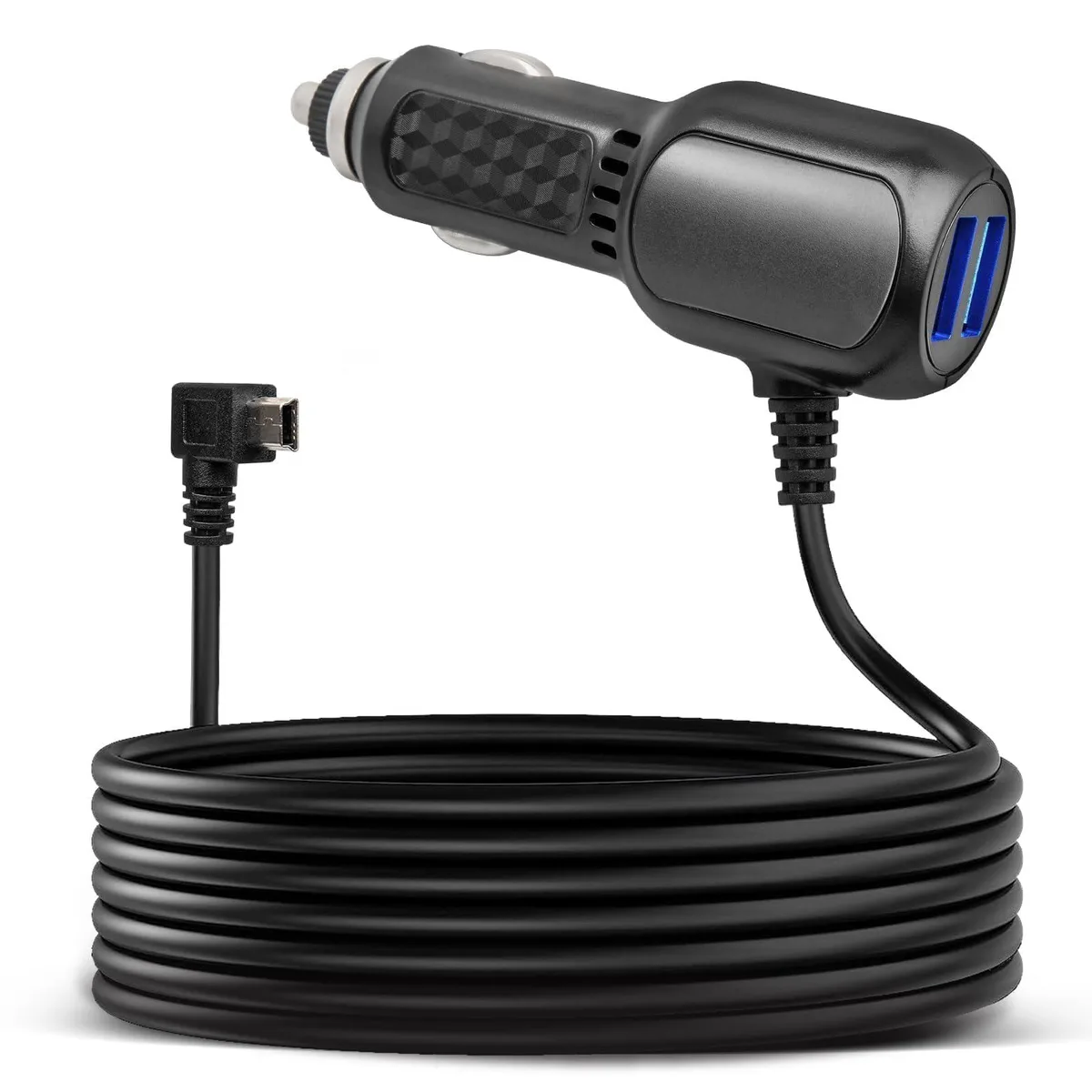 Blue USB-C car charger with dual ports and right-angle Mini-B cable