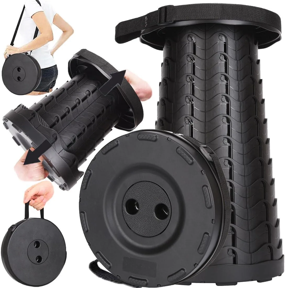Black collapsible telescoping stool, 10-inch round seat, 17.7 inches tall, closed height 2.56 inches, 22-inch shoulder strap