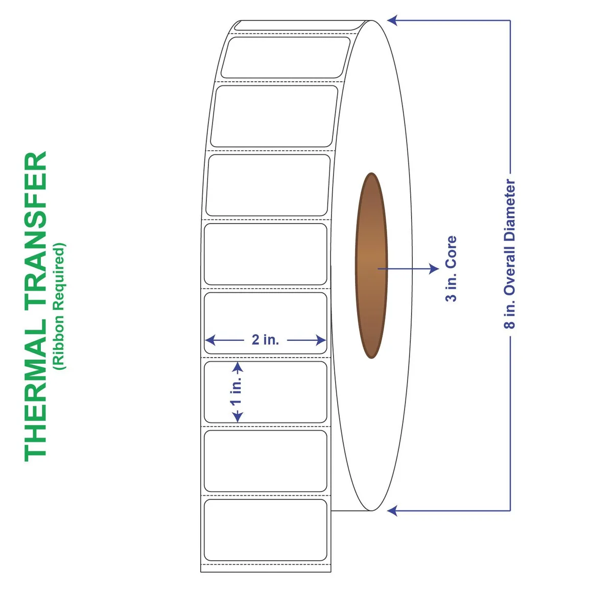 Eight rolls of white perforated thermal-transfer label rolls in a carton