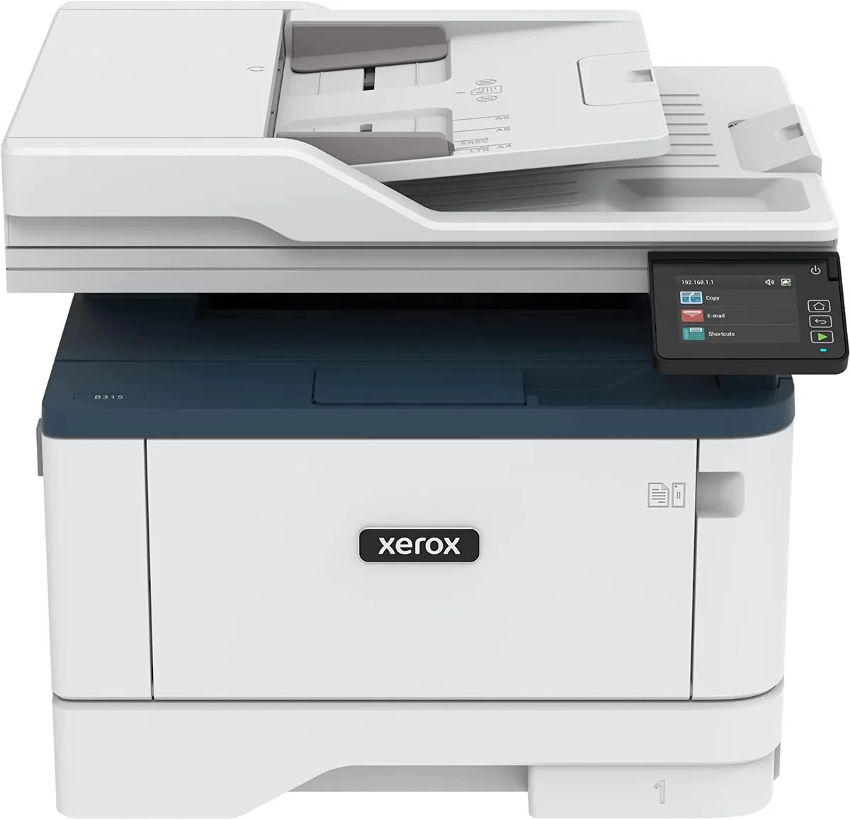 White rectangular laser multifunction printer with flatbed scanner lid and automatic document feeder on top