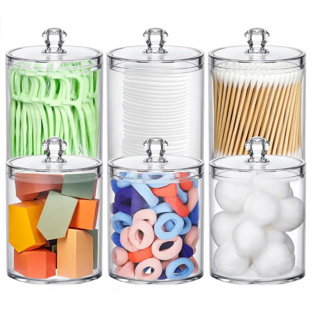 Clear acrylic bathroom canisters with lids, six-piece set, 10 and 12 ounce sizes